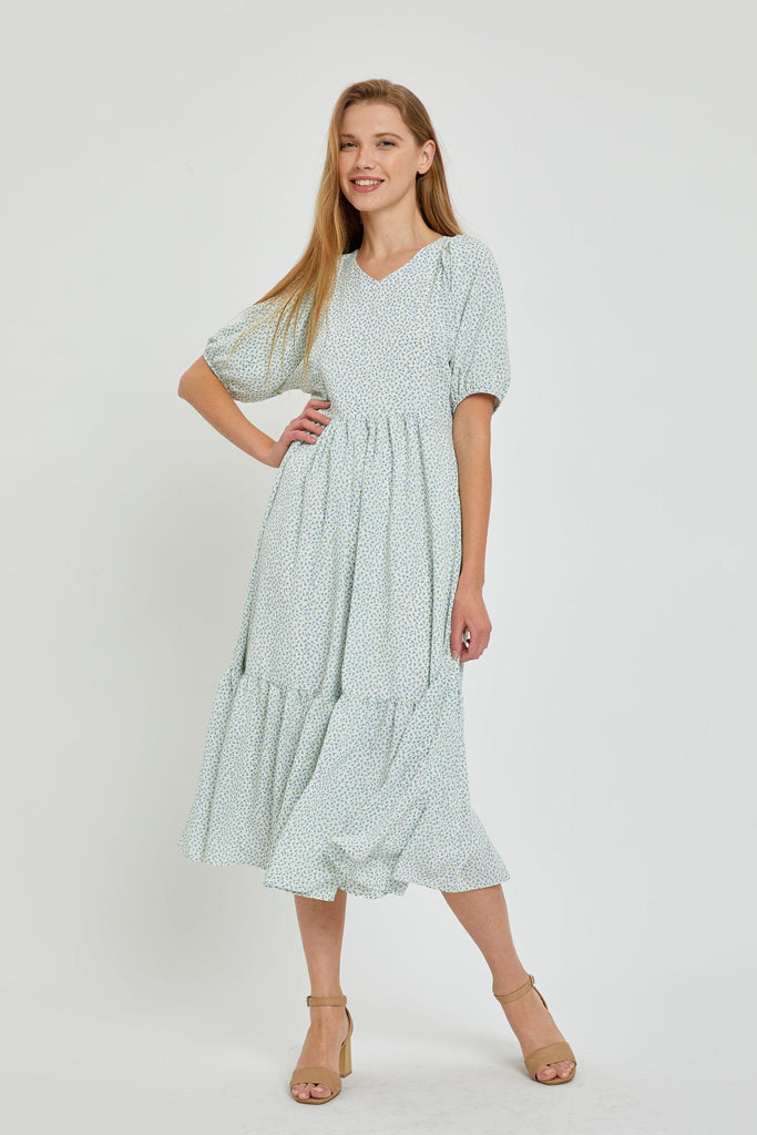 The Jenelle Tiered Midi Dress in Ivory/Blue