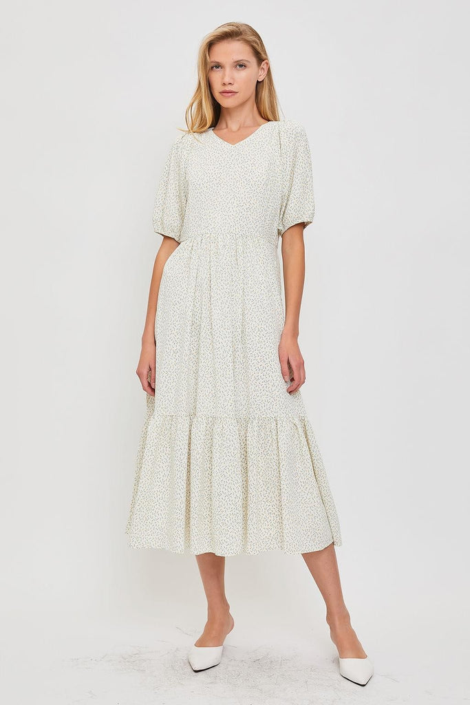 The Jenelle Tiered Midi Dress in Ivory/Yellow
