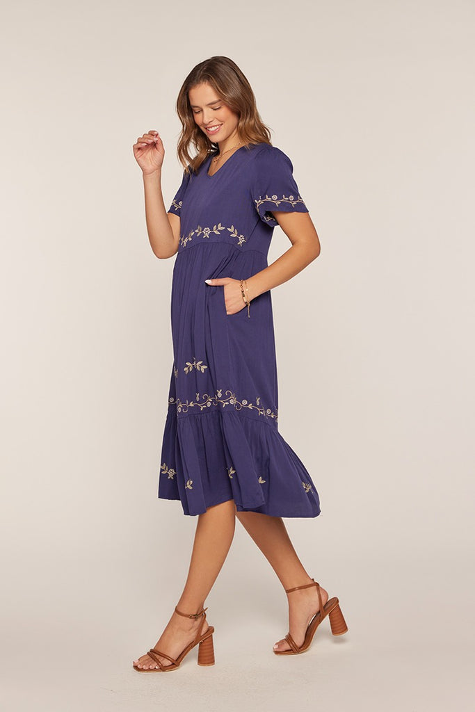 The Josie Embroidered V-Neck Dress in Navy