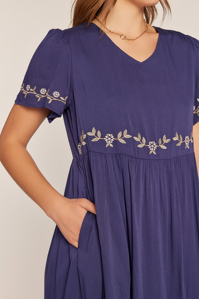 The Josie Embroidered V-Neck Dress in Navy