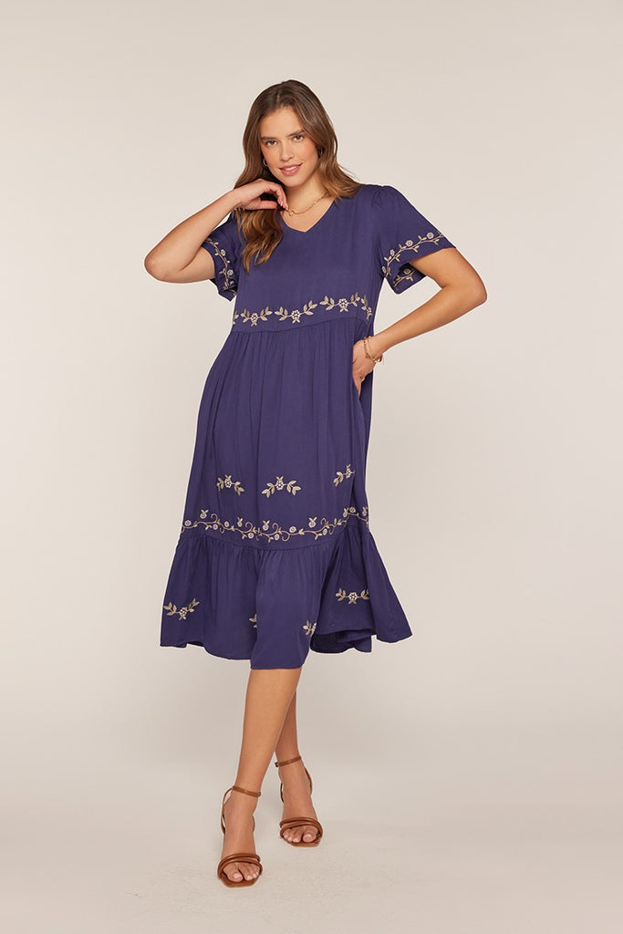 The Josie Embroidered V-Neck Dress in Navy