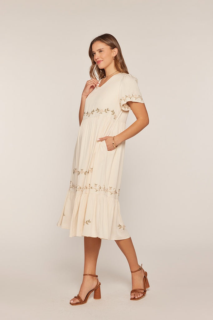 The Josie Embroidered V-Neck Dress in Ivory