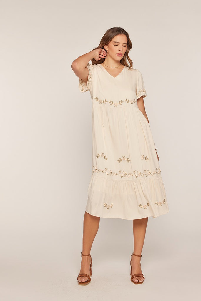 The Josie Embroidered V-Neck Dress in Ivory