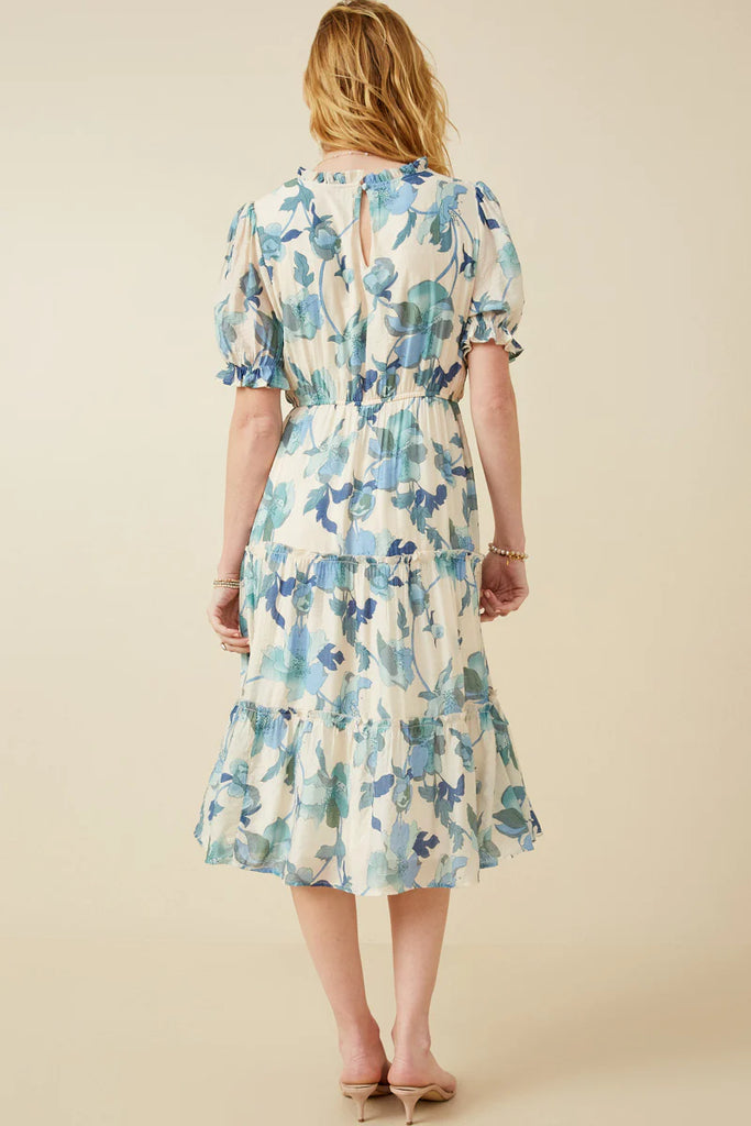 The Katie Floral Ruffle Neck Dress in Blue
