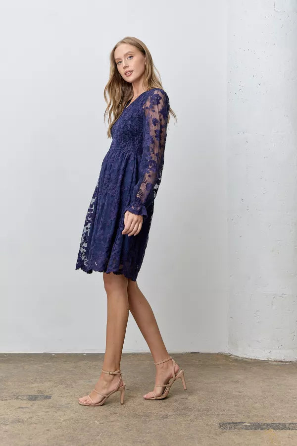 The Kelsey Lace V-Neck Smocked Dress Navy