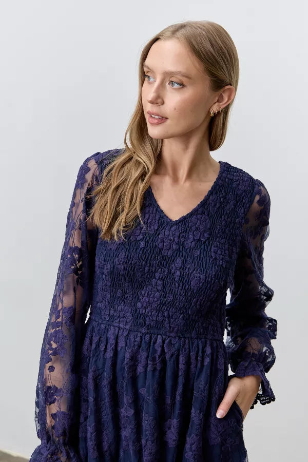 The Kelsey Lace V-Neck Smocked Dress Navy