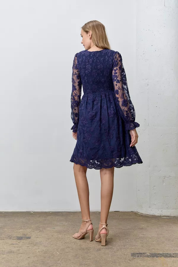 The Kelsey Lace V-Neck Smocked Dress Navy