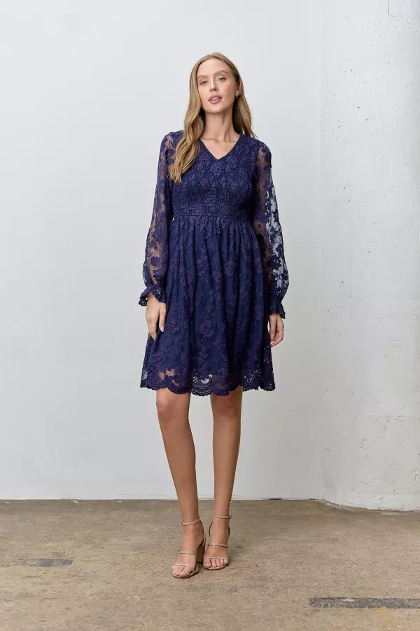 The Kelsey Lace V-Neck Smocked Dress Navy