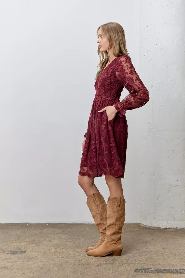 The Carsyn Lace V-Neck Dress in Burgundy