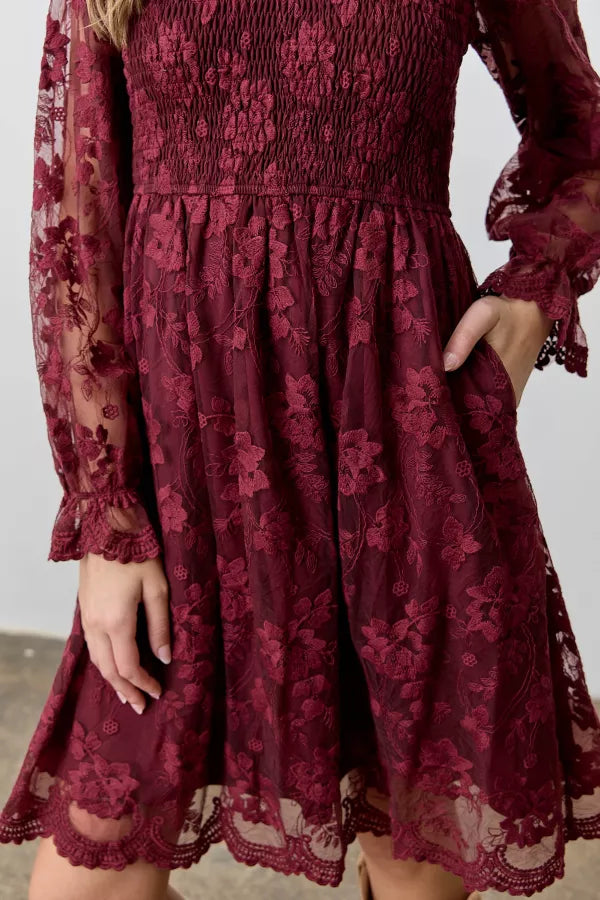 The Carsyn Lace V-Neck Dress in Burgundy