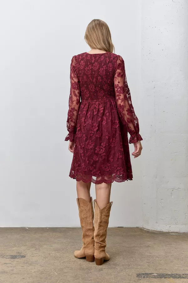 The Carsyn Lace V-Neck Dress in Burgundy