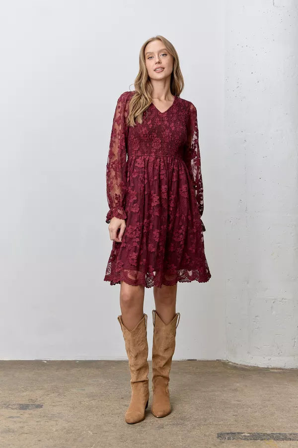 The Carsyn Lace V-Neck Dress in Burgundy