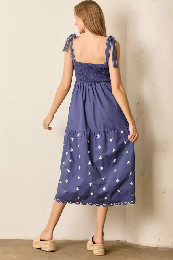 The Lacey Shoulder Tie Midi Dress in Blue