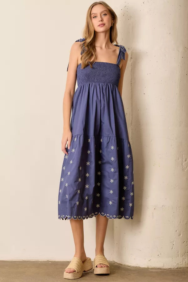 The Lacey Shoulder Tie Midi Dress in Blue L