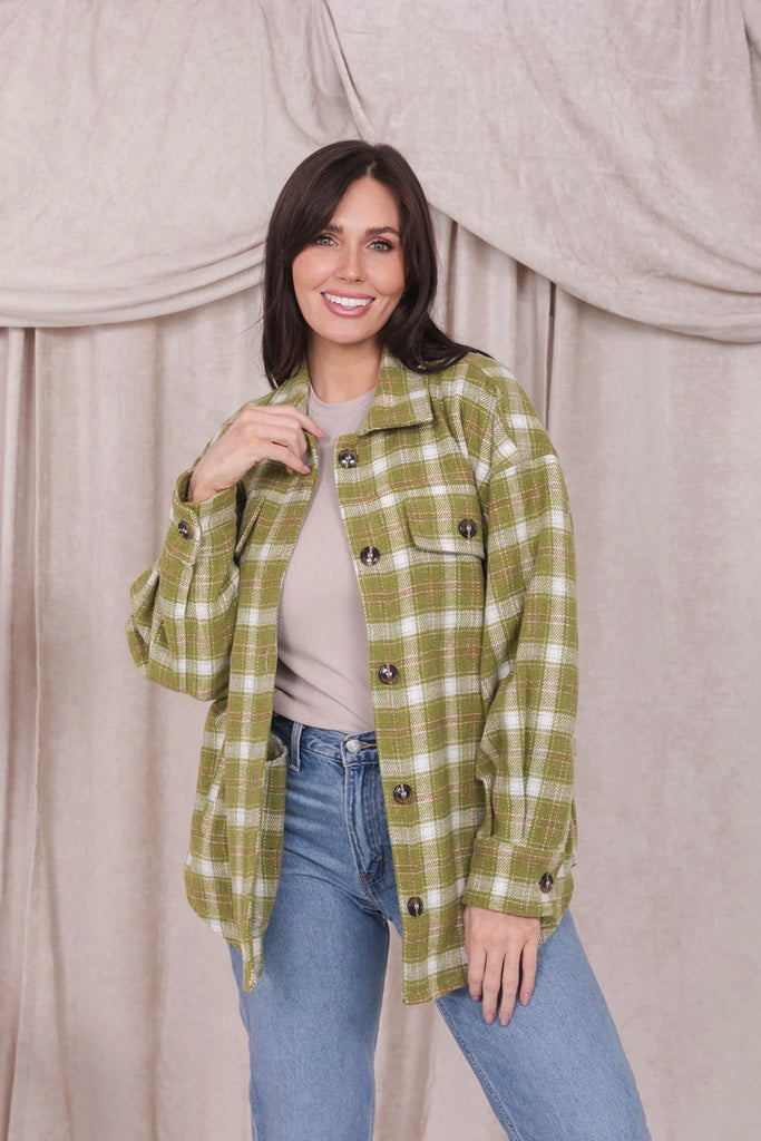 The Layne Flannel Shacket in Bright Chartreuse Plaid
