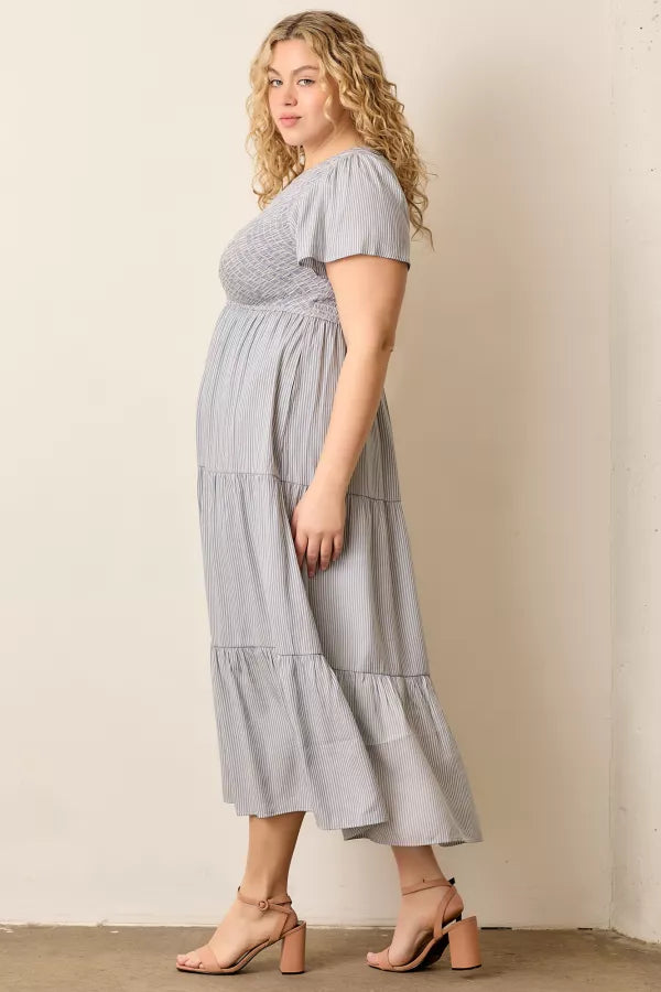 The Malia Smocked Tiered Maxi Dress in Blue