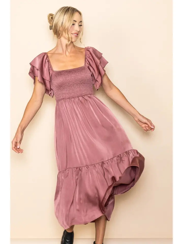 The Emmie Satin Flowy Smocked Dress in Mauve L The Emmie Satin Flowy Smocked Dress in Mauve L