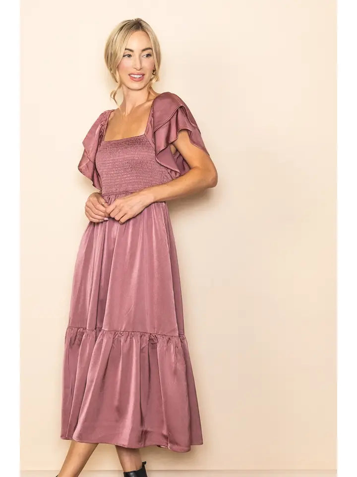 The Emmie Satin Flowy Smocked Dress in Mauve
