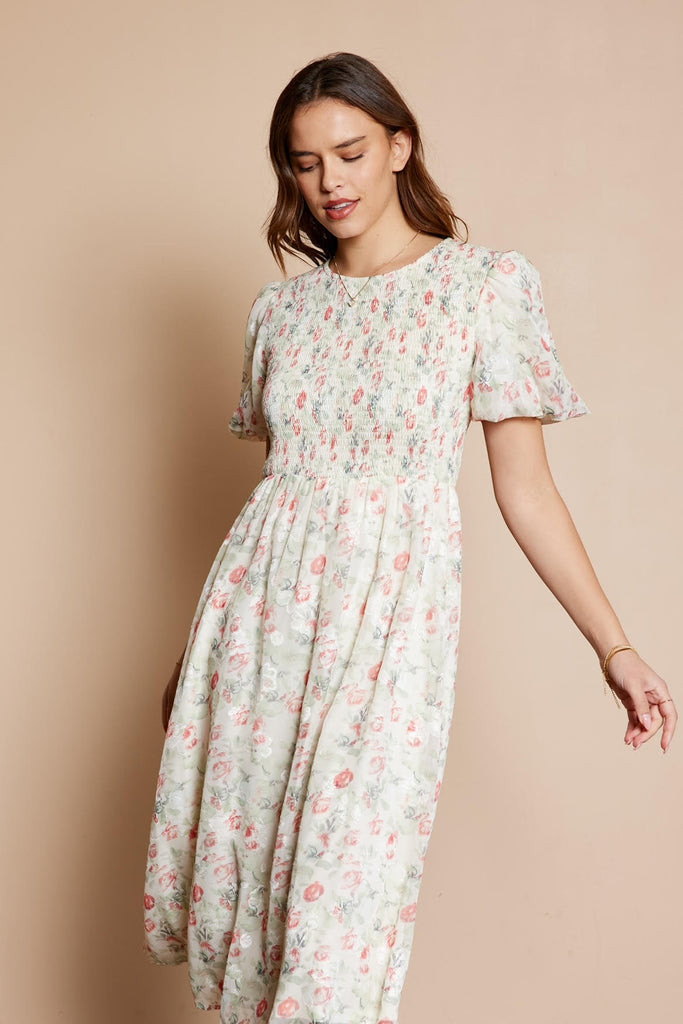 The McKayla Floral Midi Dress in Ivory
