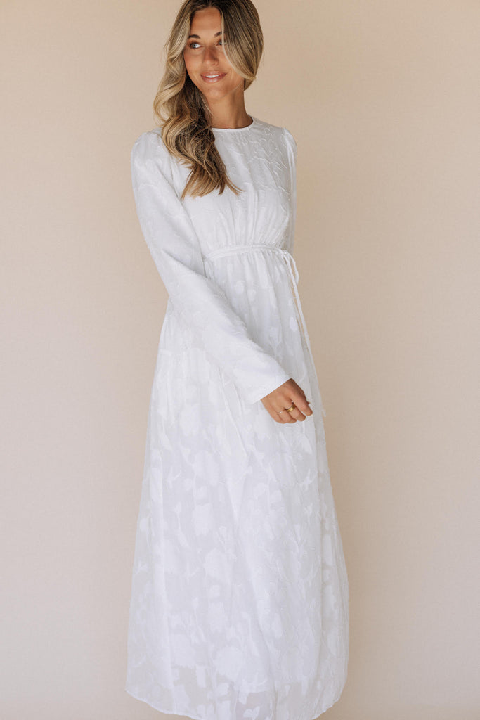 The Megan Gather Front Temple Dress in Creamy White