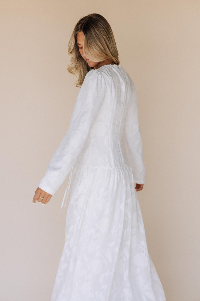 The Megan Gather Front Temple Dress in Creamy White