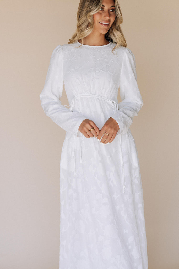 The Megan Gather Front Temple Dress in Creamy White