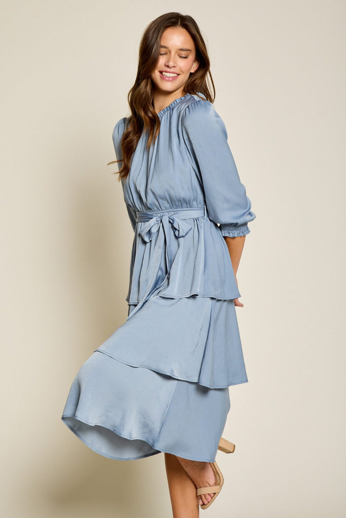 The Megan Tiered Satin Dress in Blue Grey