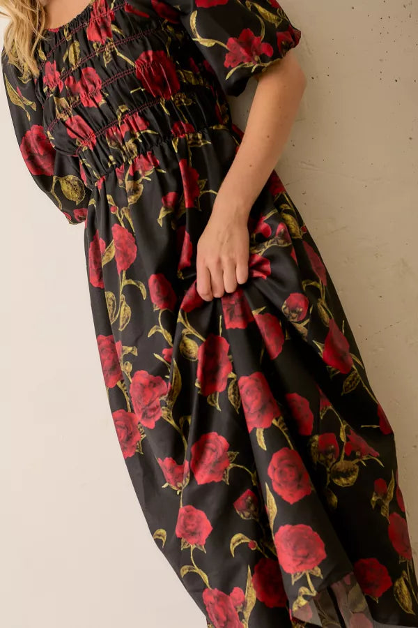 The Melinda Rose Print Smocked Midi Dress in Black/Red