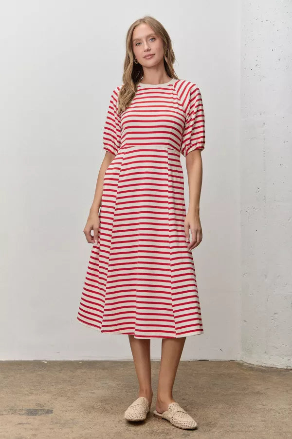 melinda midi dress The Melinda Striped Ribbed Midi Dress in Cream/Red XL