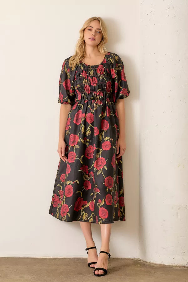 The Melinda Rose Print Smocked Midi Dress in Black/Red