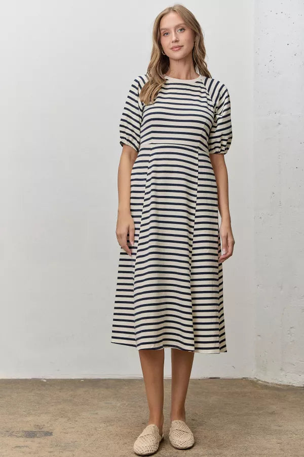 The Melinda Striped Ribbed Midi Dress in Cream/Navy