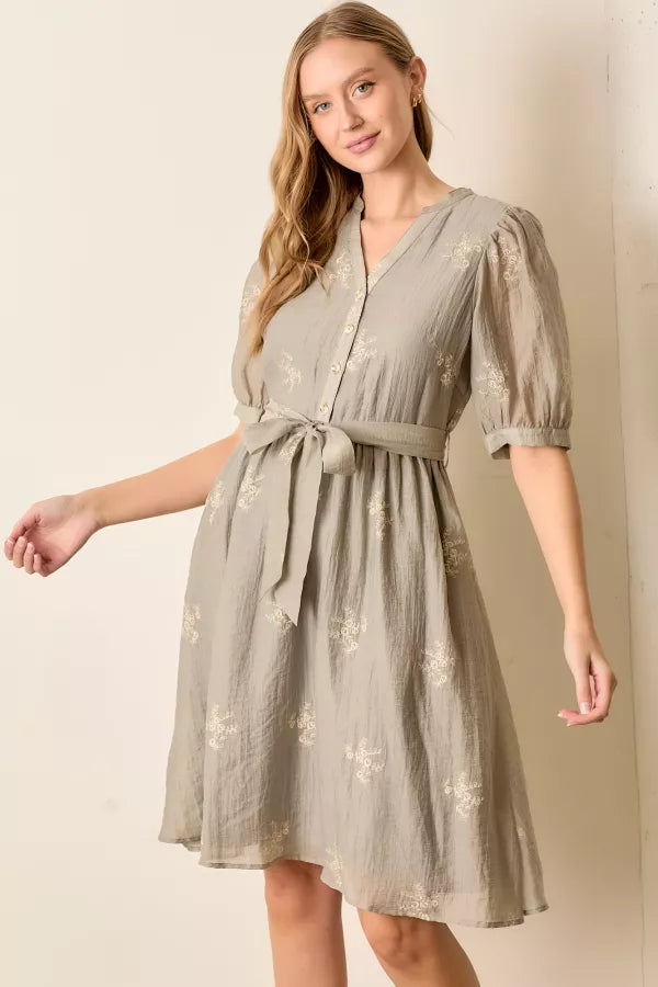 The Michelle Embroidered Button Front Dress in Dove Gray