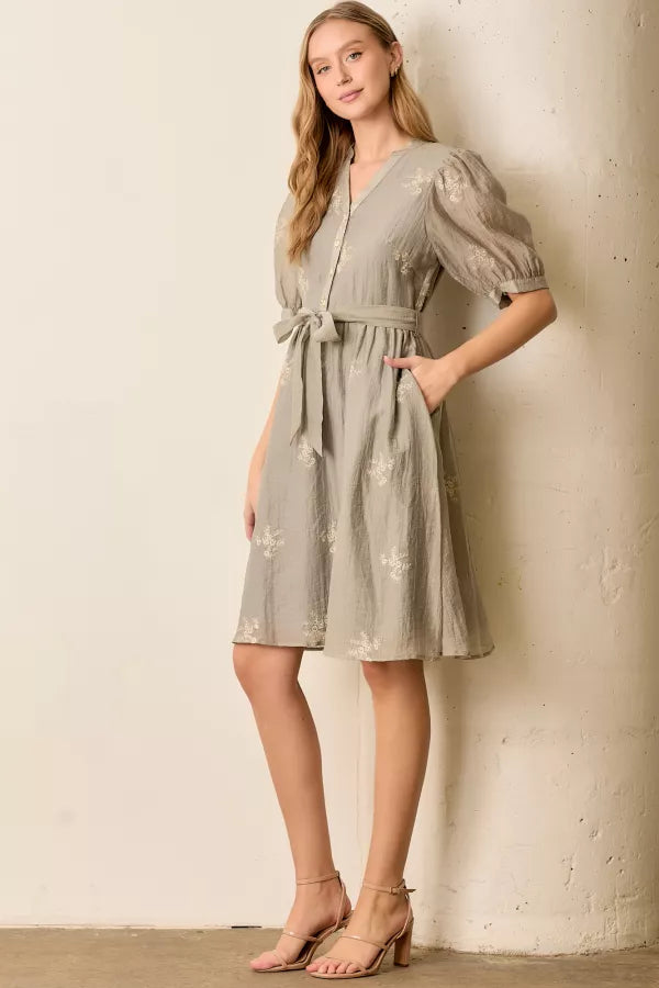 The Michelle Embroidered Button Front Dress in Dove Gray