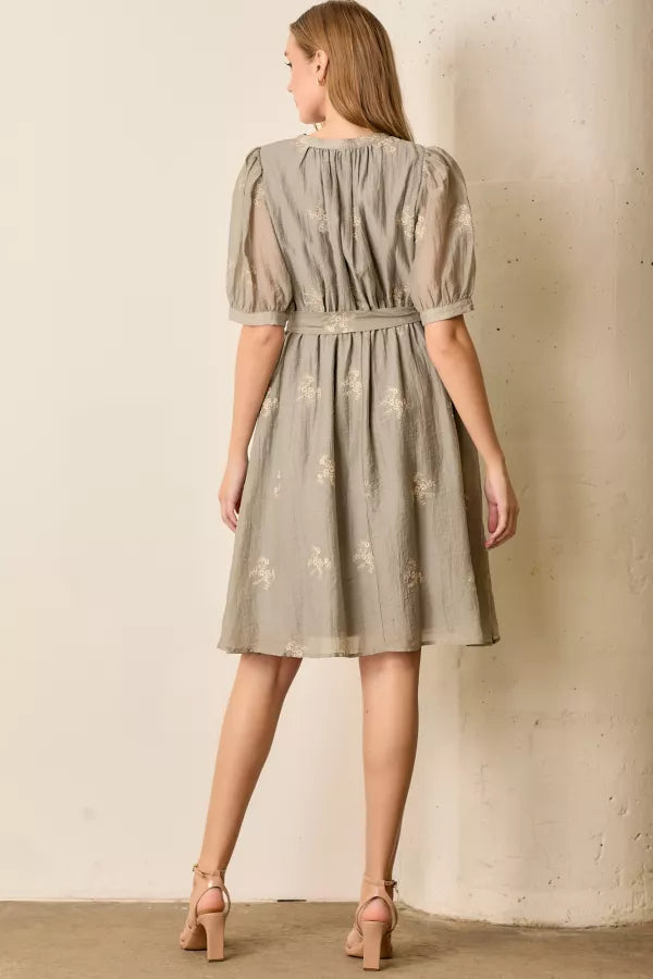 The Michelle Embroidered Button Front Dress in Dove Gray