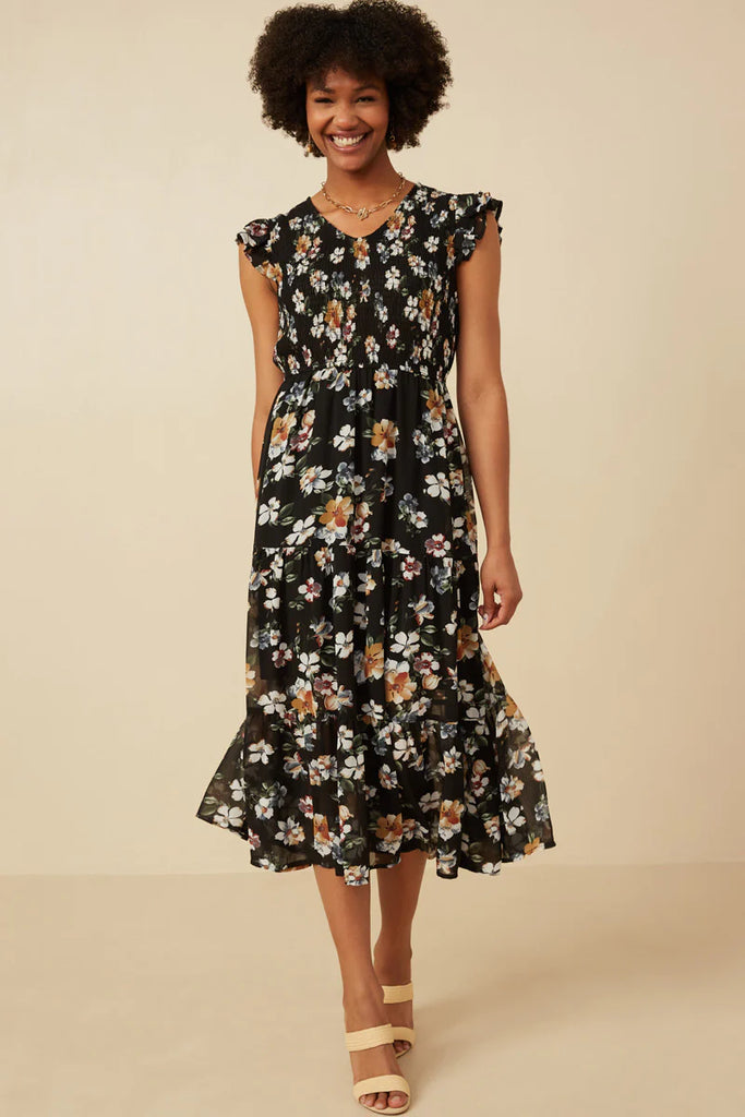 The Michelle Smocked Floral Tank Dress in Black