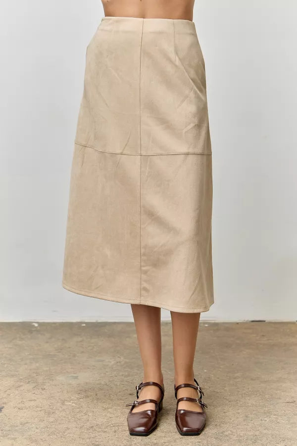 The Stacie Suede A-Line Midi Skirt in Natural