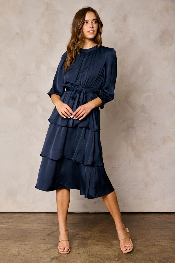 The Megan Tiered Satin Dress in Navy