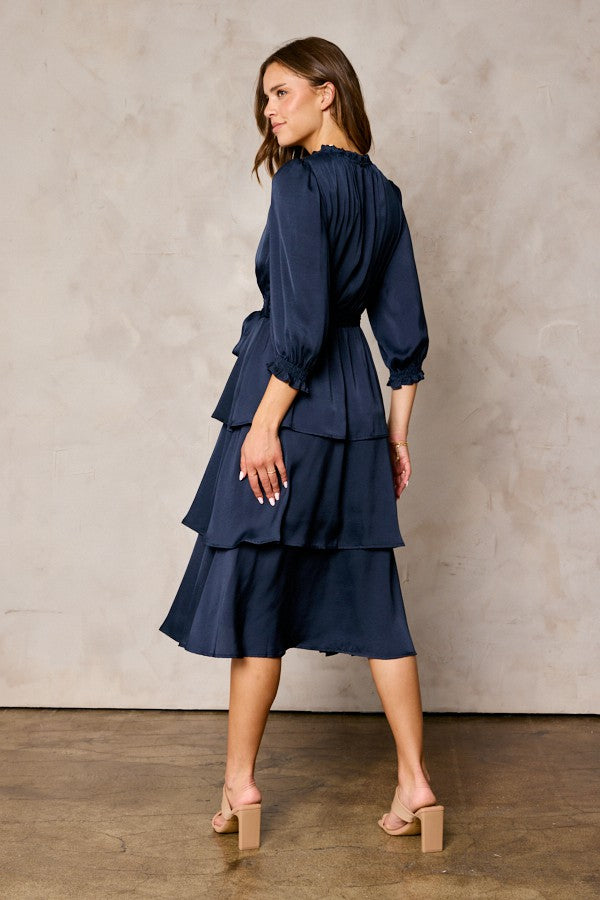 The Megan Tiered Satin Dress in Navy