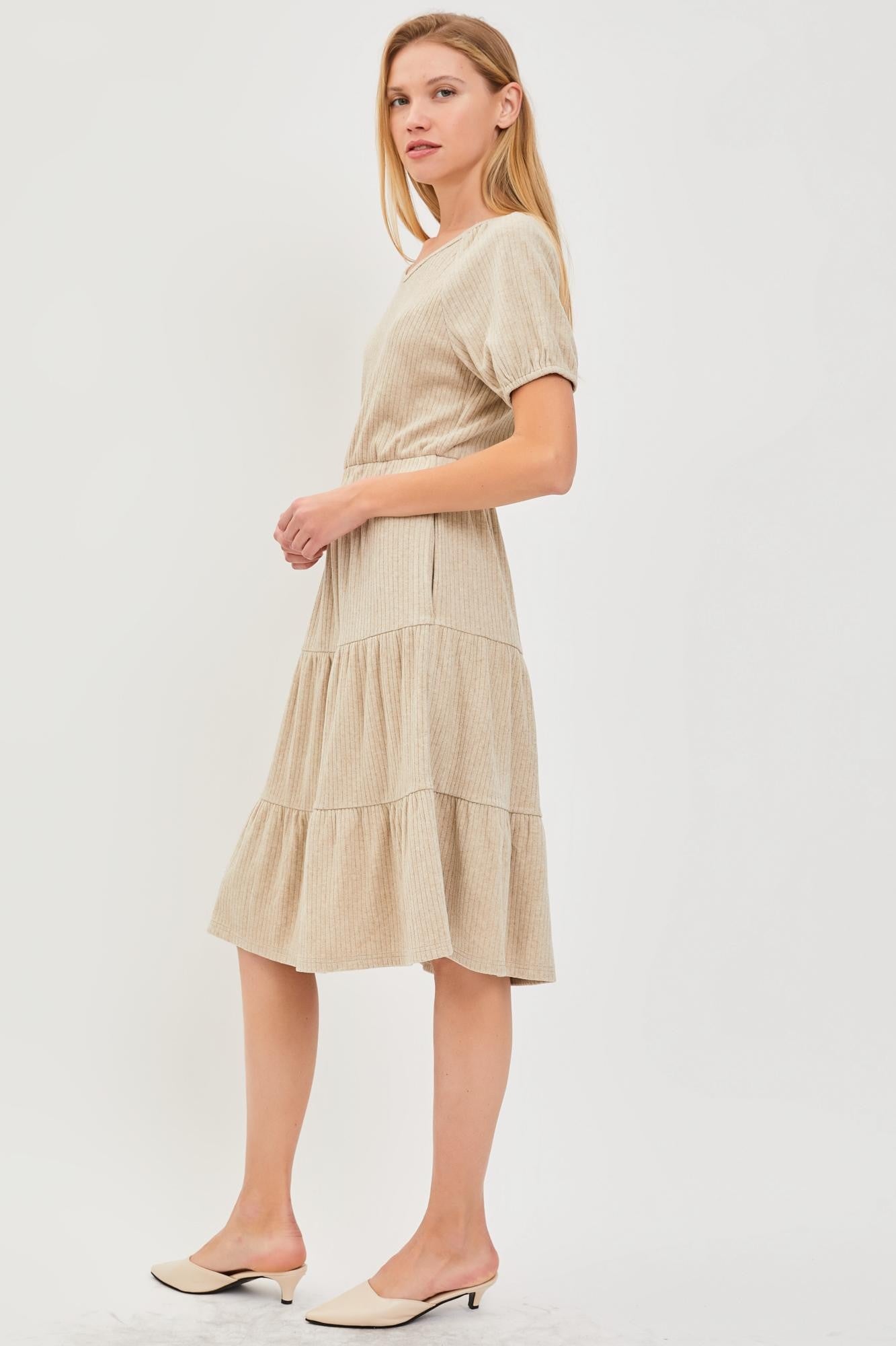 oatmeal ribbed dress Plus Size Ruched Split Hem Short Sleeve Ribbed High Neck, Sienna Midi Dress in Oatmeal, Size 3X, For Brunch