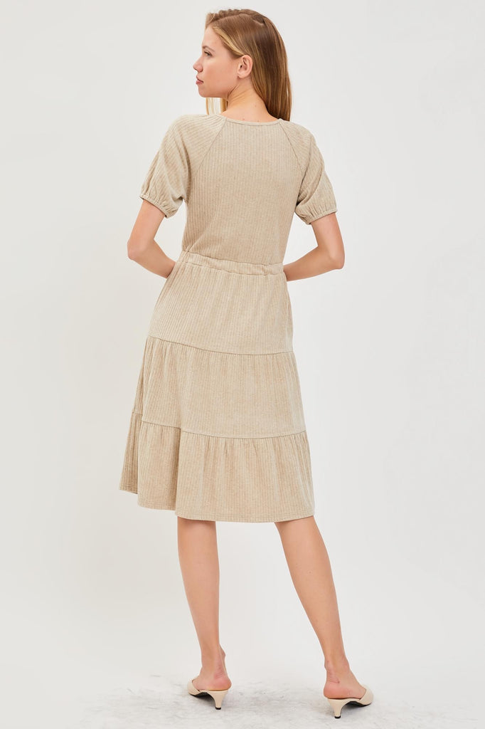 The Nina Ribbed Short Sleeve Dress in Oatmeal