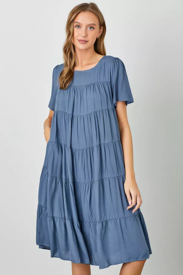 The Nyah Tiered Midi Dress in Blue