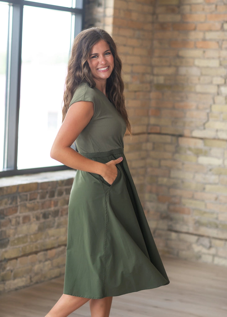 The Kate Cap Sleeve Midi Dress in Olive