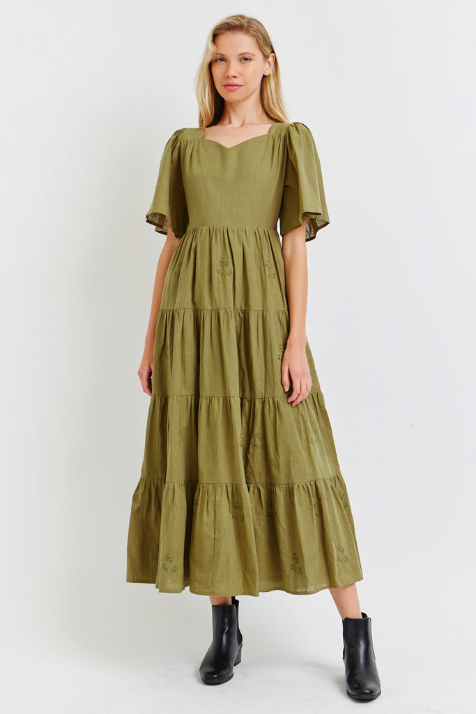 The Monica Embroidered Dress in Olive