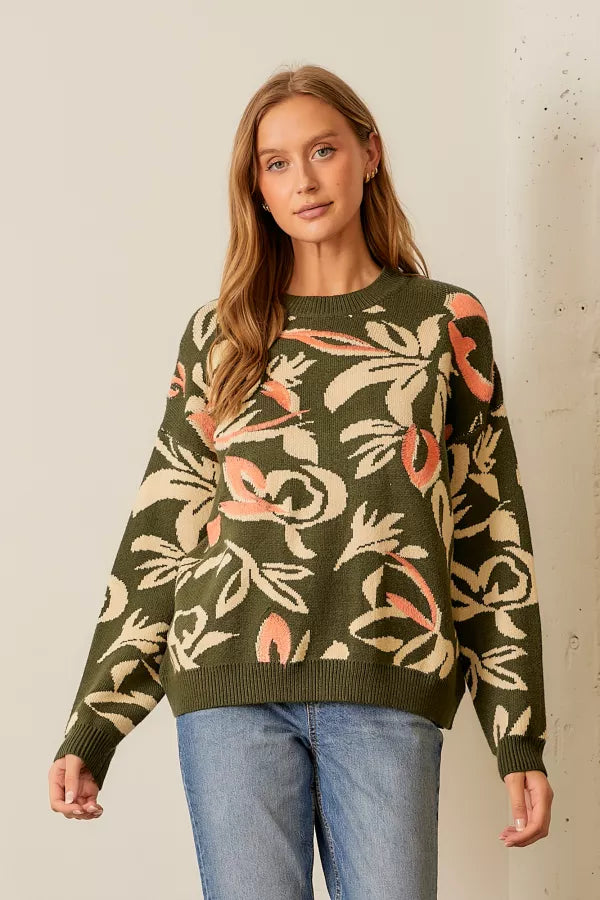 Floral Printed Sweater in Olive