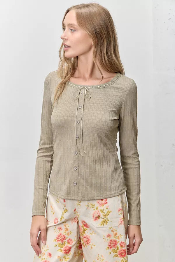 The Evie Round Neck Long Sleeve Shirt in Olive