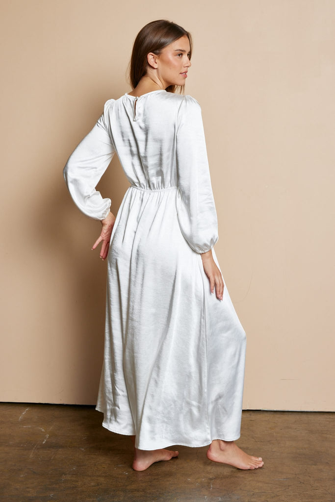 The Olivia Dull Satin Temple Dress in Creamy White