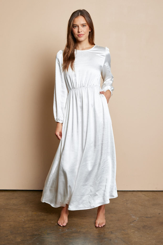 The Olivia Dull Satin Temple Dress in Creamy White