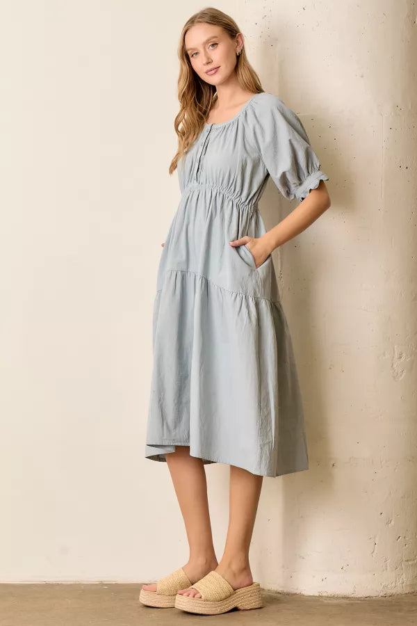 The Parker Tiered Midi Dress in Dusty Blue