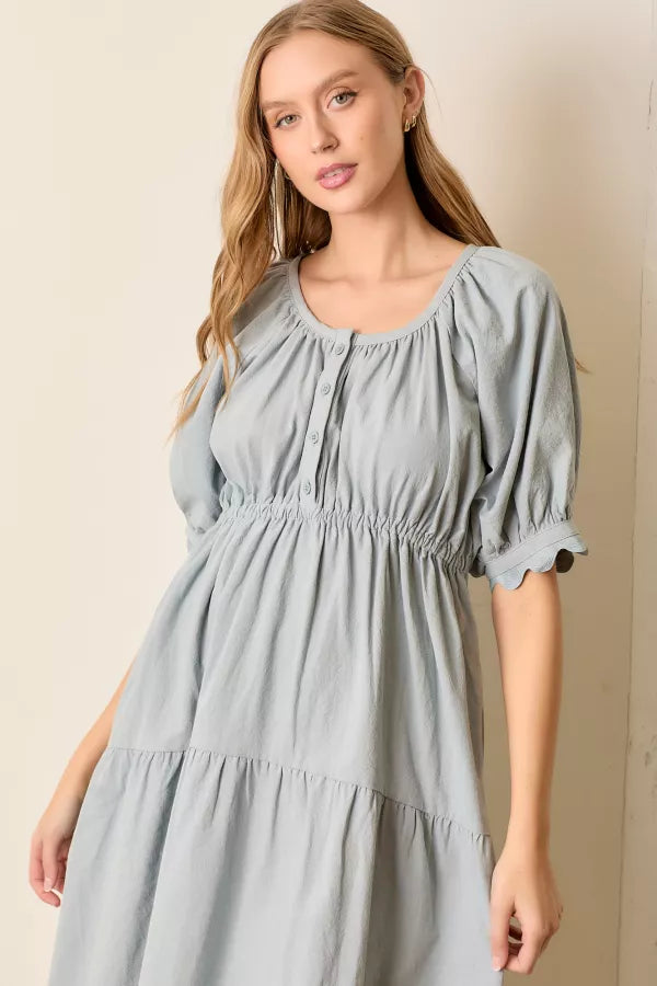 The Parker Tiered Midi Dress in Dusty Blue