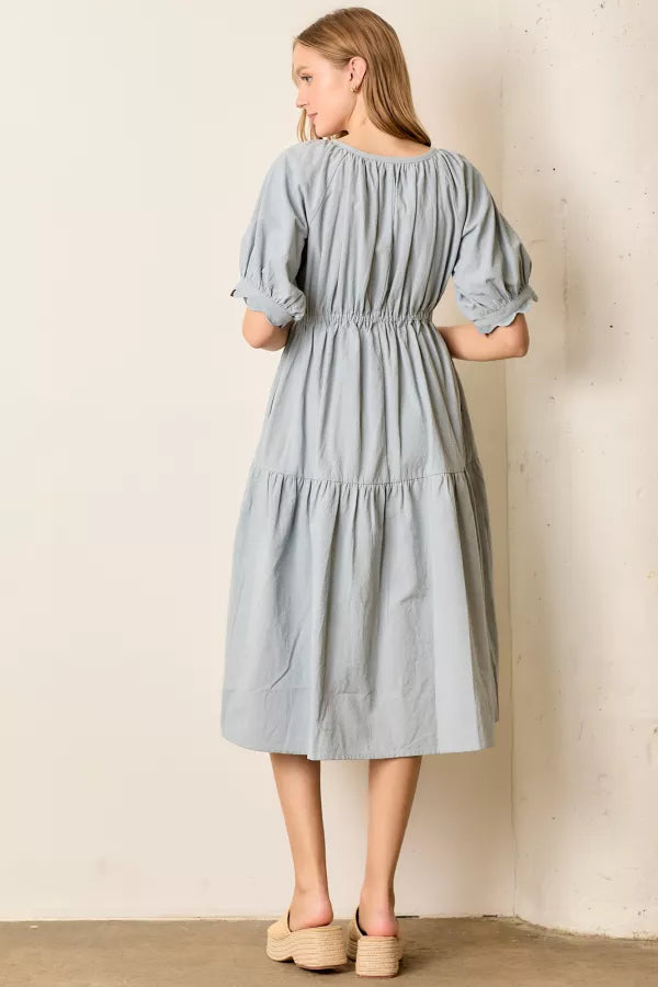 The Parker Tiered Midi Dress in Dusty Blue